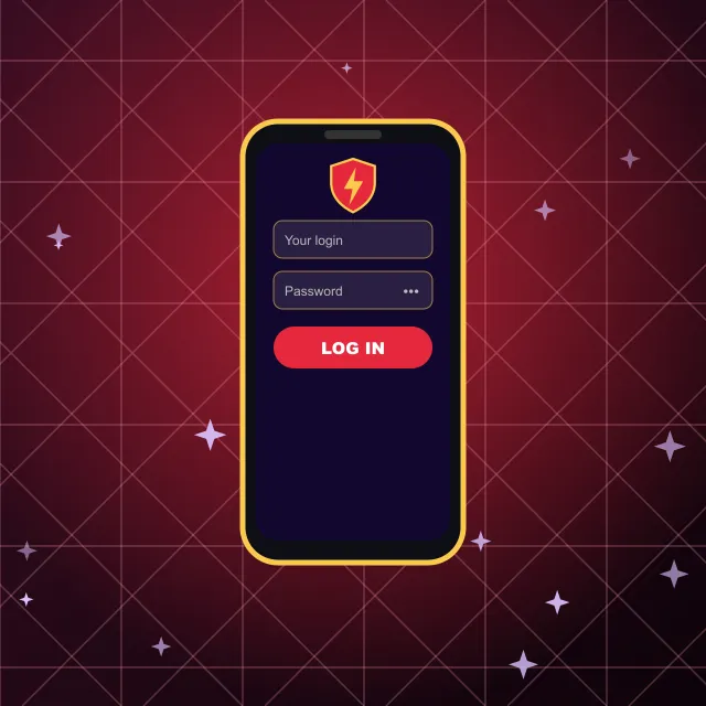 Phone with the Vegas Hero sign-in form and a red LOG IN button
